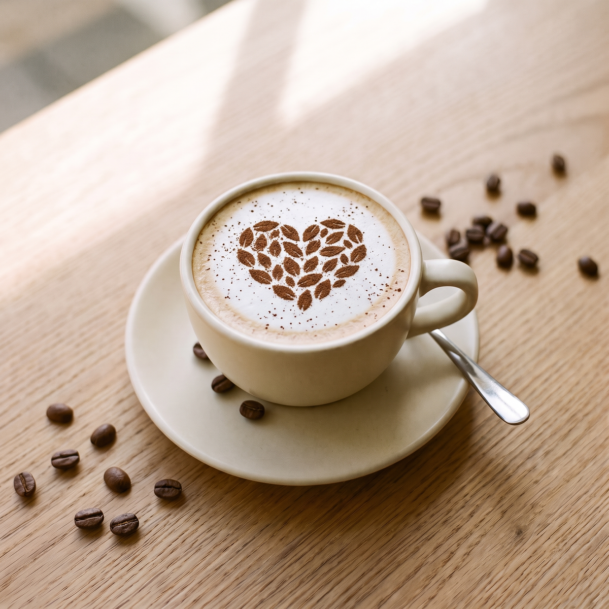 The same latte with a cocoa leaf-heart design made with PhotoBrew