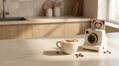 White PhotoBrew latte art camera beside a latte with a cocoa heart