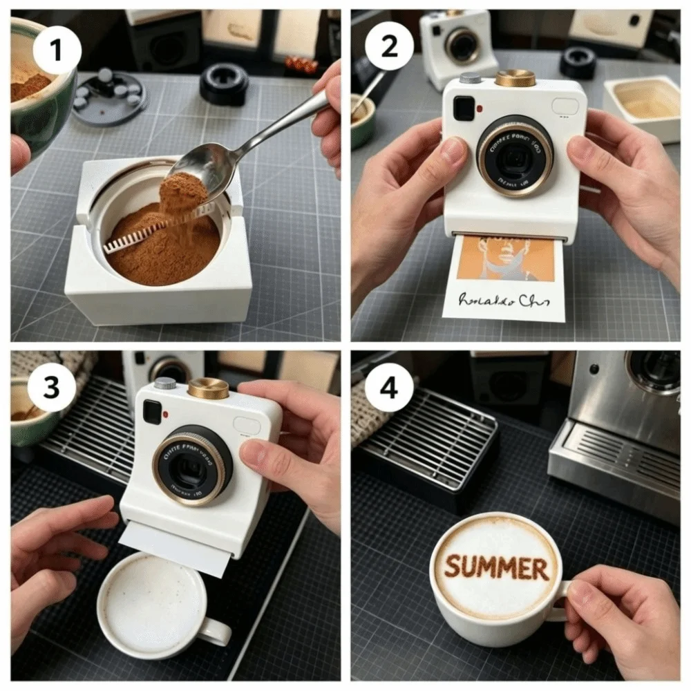 PhotoBrew step by step: add cocoa, load a stencil card, hold over the latte, reveal the design