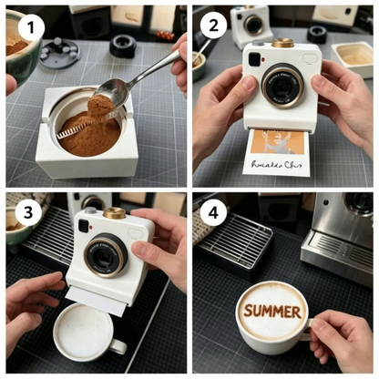 PhotoBrew step by step: add cocoa, load a stencil card, hold over the latte, reveal the design