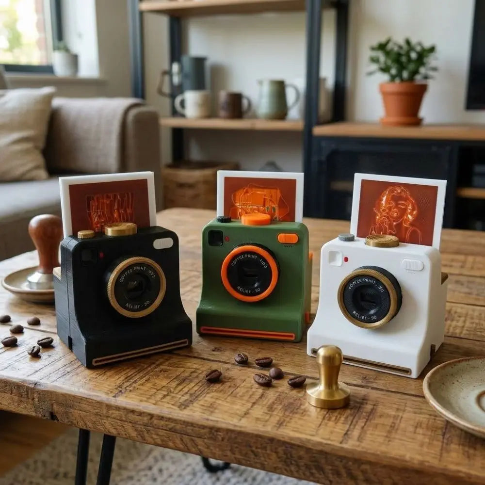 PhotoBrew Latte Art Camera in black, green and white on a wooden coffee table