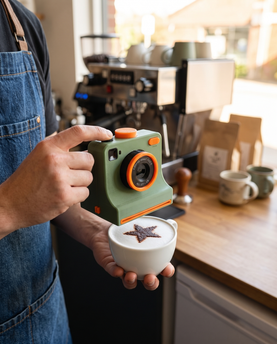 Barista using a green PhotoBrew to add a cocoa star to a latte