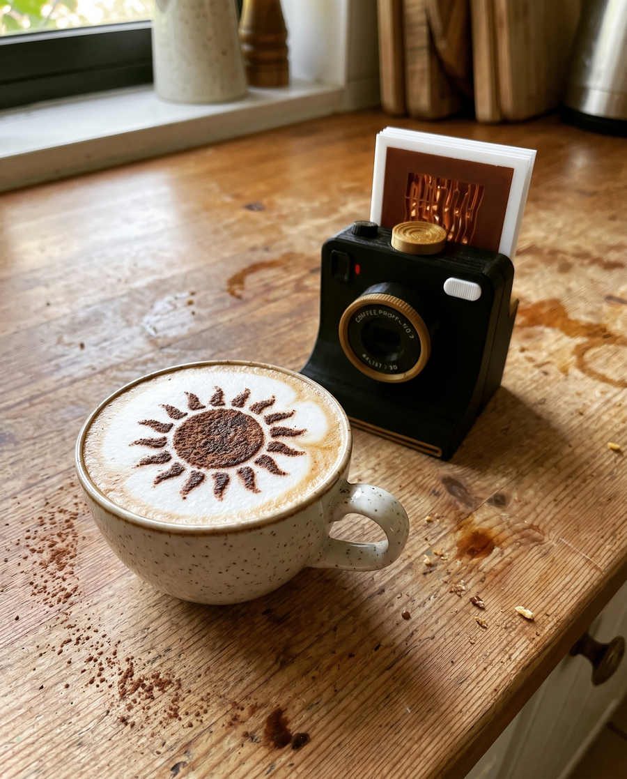 Cappuccino with a cocoa sun design next to a black PhotoBrew